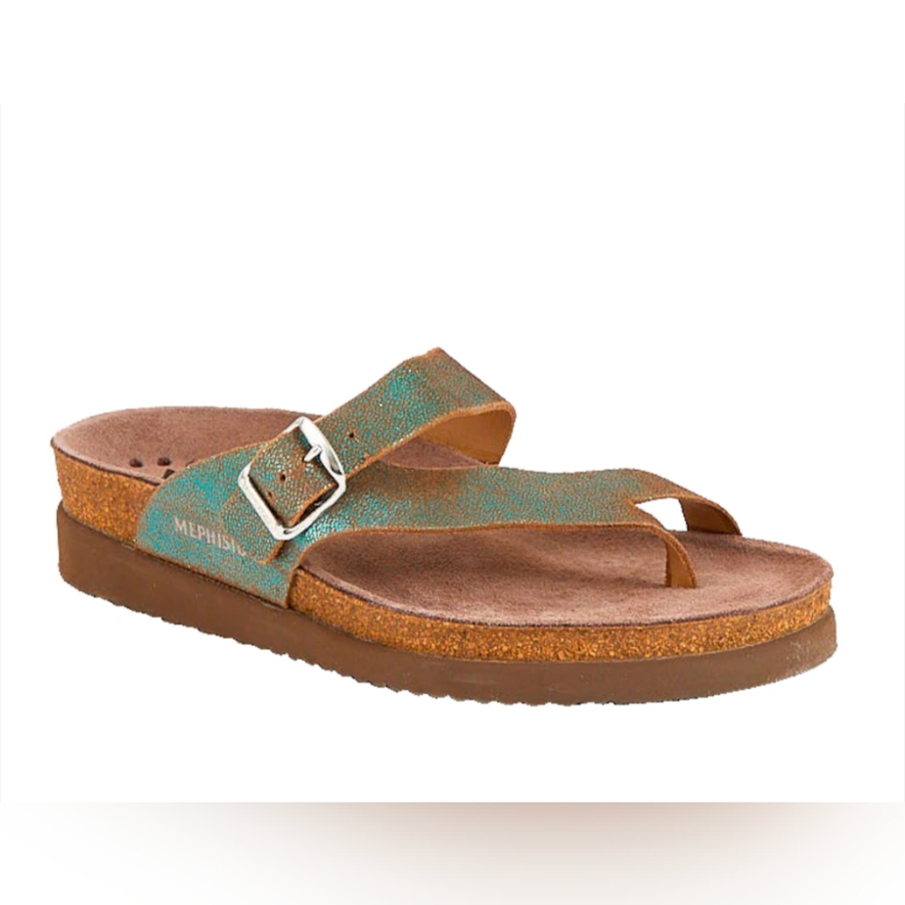 MEPHISTO* 'Helen' Sandal Size 39, NWOT, Iridescent Green Leather Strap